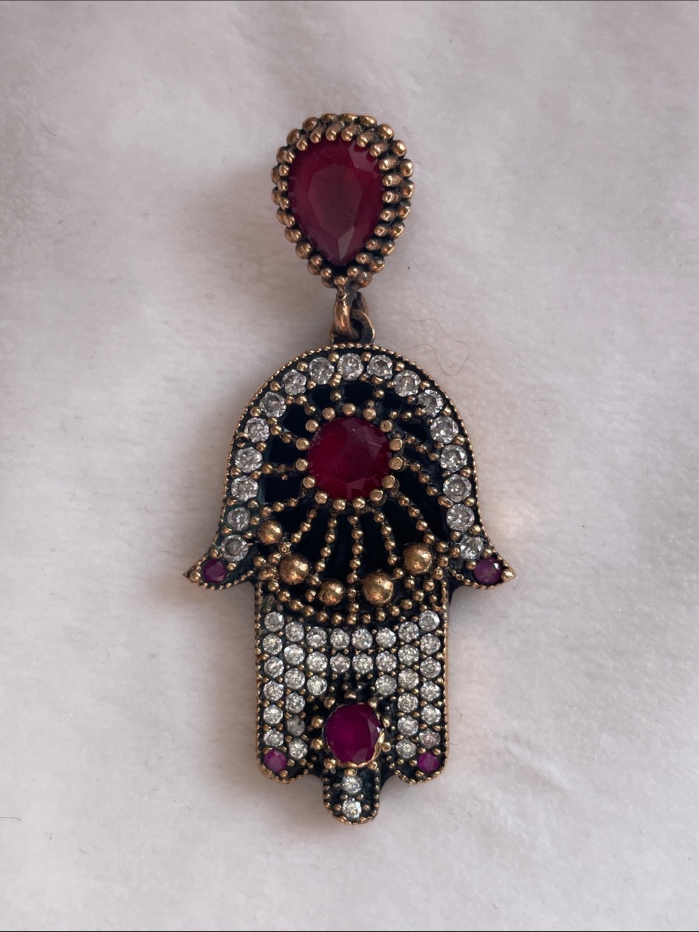 Ottoman Turkish 925 Sterling Silver Hamsa Pendant Ruby Red & Clear Gemstones